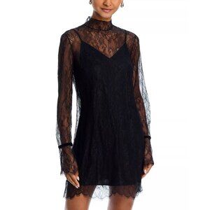 598$ FRAME Sheer Lace Shift Party Dress Long Sleeves Size M Black